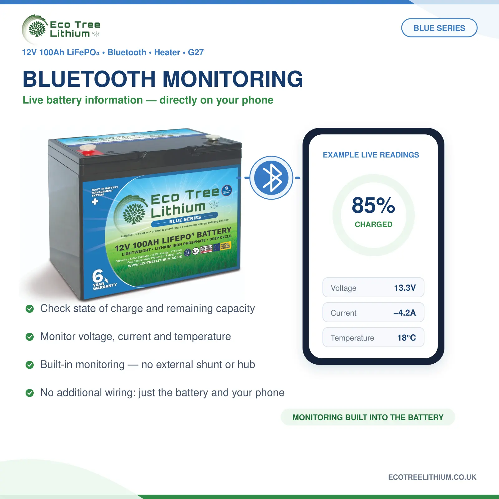 Eco Tree 100Ah heated lithium battery Bluetooth phone monitoring